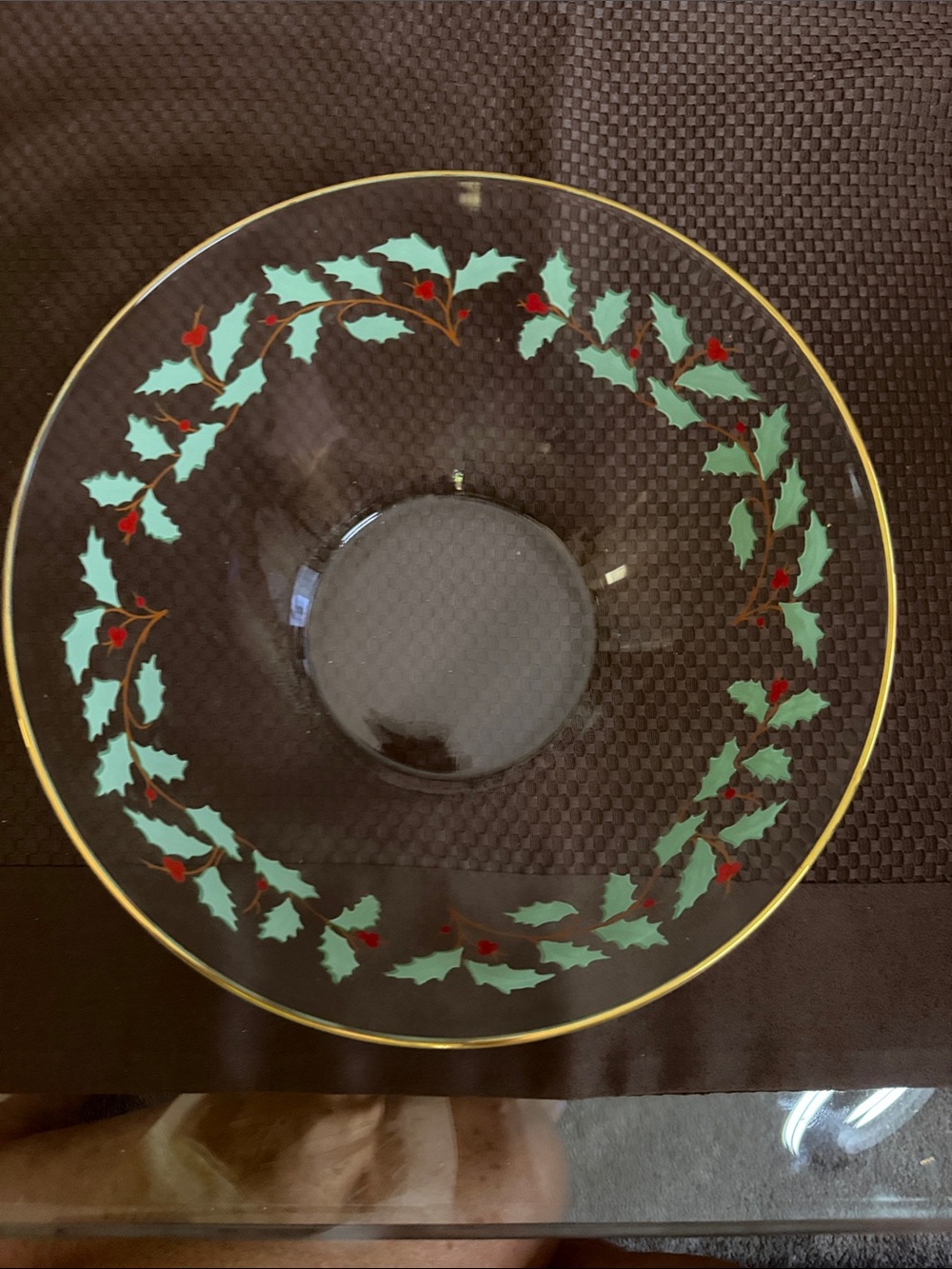 Vintage Arcoroc Holly Glass Serving Bowl with Gold Rim 9 inch